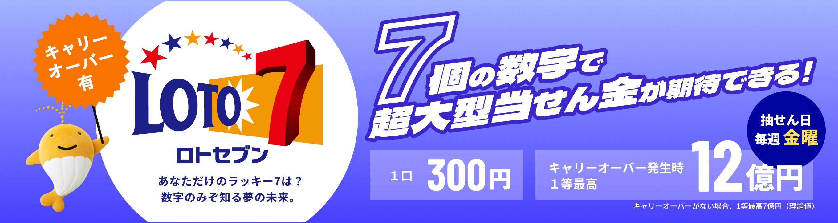 キャリーオーバー有 LOTO7 ロトセブン あなただけのラッキー7は？数字のみぞ知る夢の未来。7個の数字で超大型当せん金が期待できる！抽せん日 毎週金曜 1口 300円 キャリーオーバー発生時 1等最高12億円 キャリーオーバーがない場合、1等最高7億円（理論値）