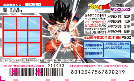 「ドラゴンボールスクラッチ 孫悟空 ハッピーカウント」（第2369回 東京都宝くじ）の当せん金・本数