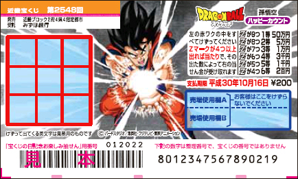 「ドラゴンボールスクラッチ 孫悟空 ハッピーカウント」（第2548回 近畿宝くじ）の当せん金・本数