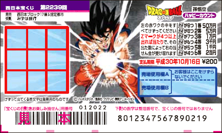 「ドラゴンボールスクラッチ 孫悟空 ハッピーカウント」（第2239回 西日本宝くじ）の当せん金・本数