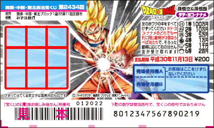 「ドラゴンボールスクラッチ 孫悟空＆孫悟飯 タテ・ヨコ・ナナメ」（第2434回 関東・中部・東北自治宝くじ）の当せん金・本数