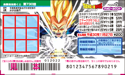 「ドラゴンボールスクラッチ ベジータ ハッピーカウント」（第730回 全国自治宝くじ）の当せん金・本数