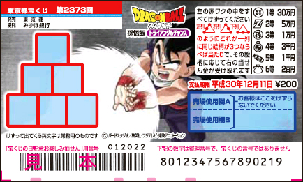 「ドラゴンボールスクラッチ 孫悟飯 トライアングルチャンス」（第2373回 東京都宝くじ）の当せん金・本数