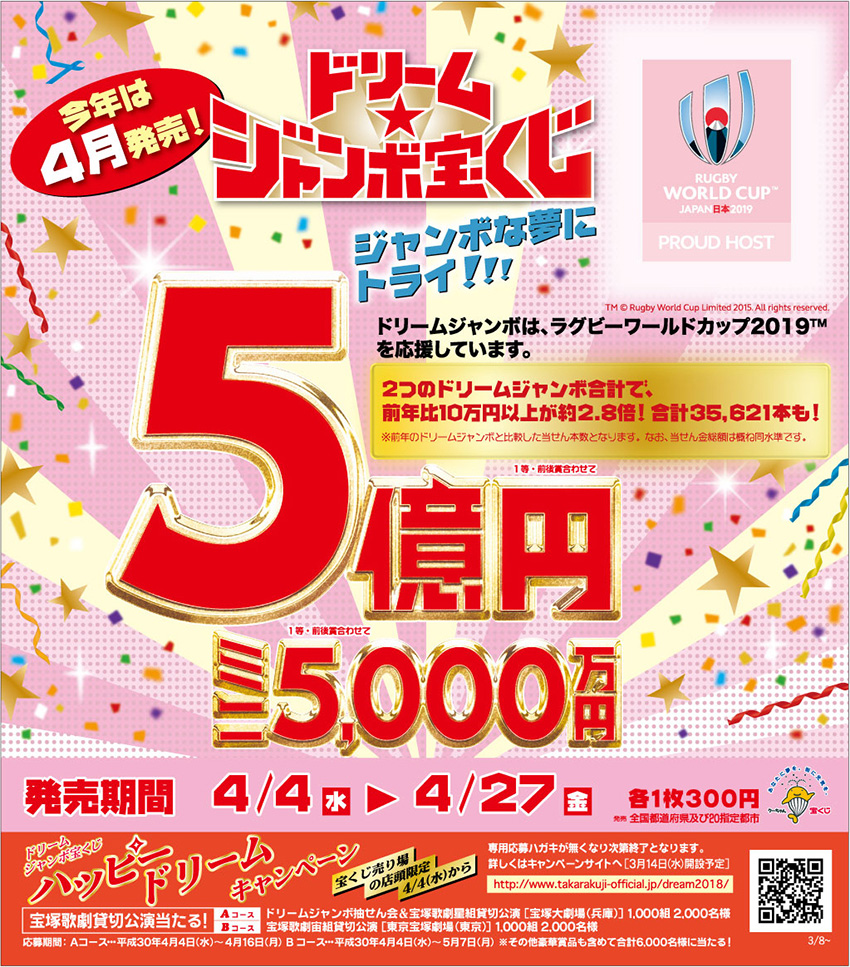 宝ニュース 平成30年3月号 第849号 今年は4月 発売 1等 前後賞合わせて5億円 ドリームジャンボ宝くじ 1等 前後賞合わせて5 000万円 ドリームジャンボミニ 4月4日 水 より全国同時発売 宝くじ公式サイト