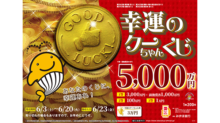 1等・前後賞合わせて5,000万円の「幸運のクーちゃんくじ」が発売中！