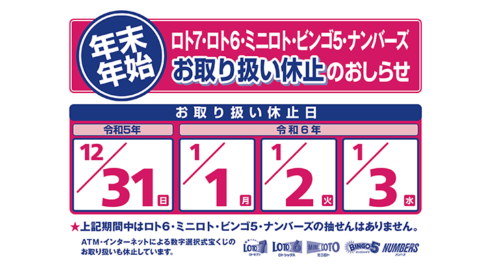 年末・年始の「数字選択式宝くじ」と「インターネット専用宝くじ」のお取り扱い休止のお知らせ