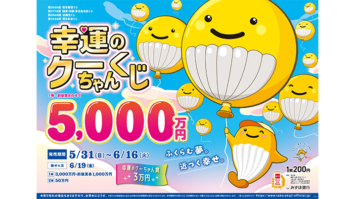 「幸運のクーちゃんくじ」は、1等・前後賞合わせて5,000万円！