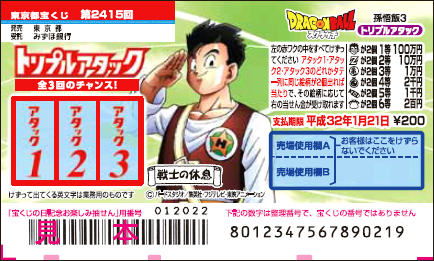 「ドラゴンボールスクラッチ孫悟飯3 トリプルアタック」（第2415回 東京都宝くじ）