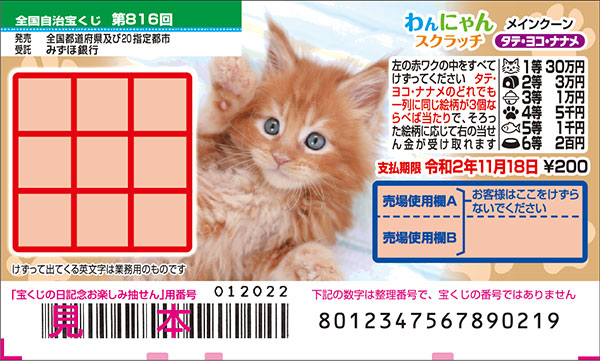 「わんにゃんスクラッチ メインクーン タテ・ヨコ・ナナメ」（第816回全国自治宝くじ）