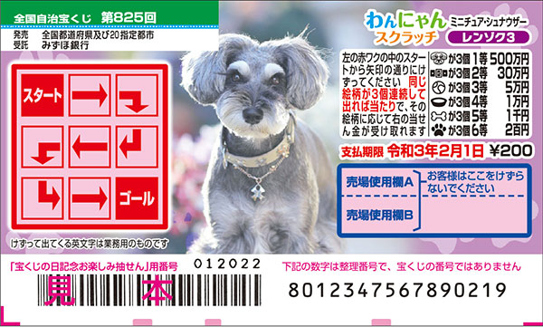 「わんにゃんスクラッチ ミニチュア・シュナウザー レンゾク3」（第825回全国自治宝くじ）