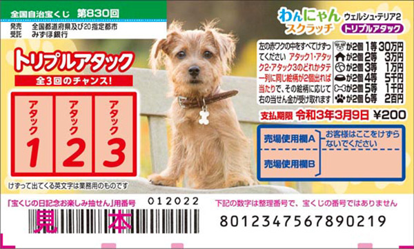 「わんにゃんスクラッチ ウェルシュ・テリア2 トリプルアタック」（第830回全国自治宝くじ）