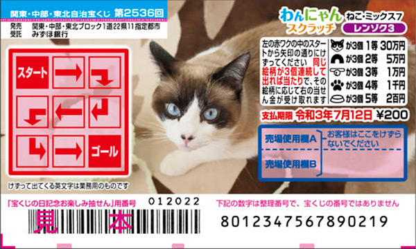 「わんにゃんスクラッチ ねこ・ミックス7 レンゾク3」（第2536回関東・中部・東北自治宝くじ）