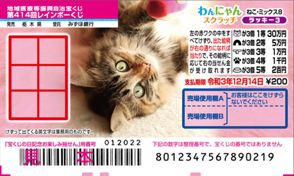 「わんにゃんスクラッチ ねこ・ミックス8 ラッキー3」（第414回地域医療等振興自治宝くじ）