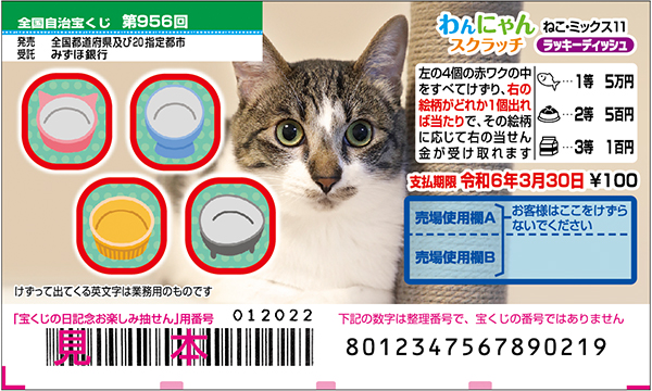 「わんにゃんスクラッチ ねこ・ミックス11 ラッキーディッシュ」（第956回 全国自治宝くじ）