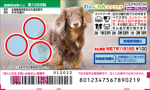 「わんにゃんスクラッチ ミニチュア・ダックスフンド4 ラッキーグランプリ！」（第1029回 全国自治宝くじ）