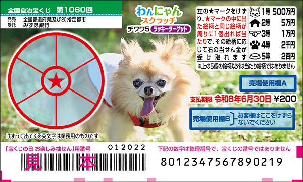 「わんにゃんスクラッチ チワワ5 ラッキーターゲット」（第1060回 全国自治宝くじ）