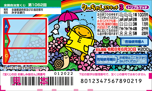 「クーちゃんスクラッチ3 トリプルマッチ」（第1062回 全国自治宝くじ）