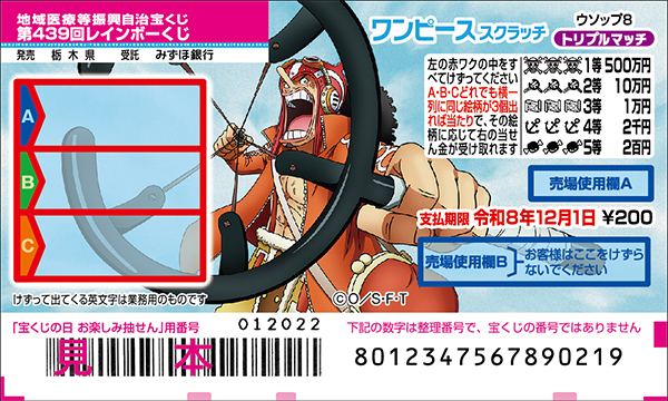 「ワンピーススクラッチ ウソップ8 トリプルマッチ」(第439回 地域医療等振興自治宝くじ)