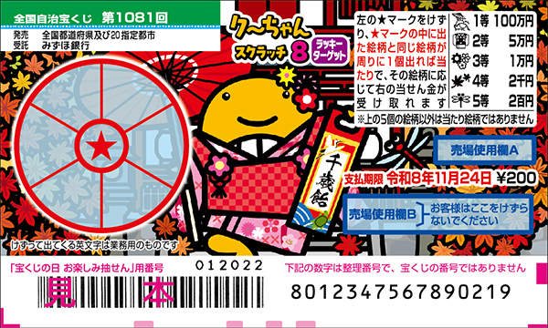 「クーちゃんスクラッチ8 ラッキーターゲット」(第1081回 全国自治宝くじ)