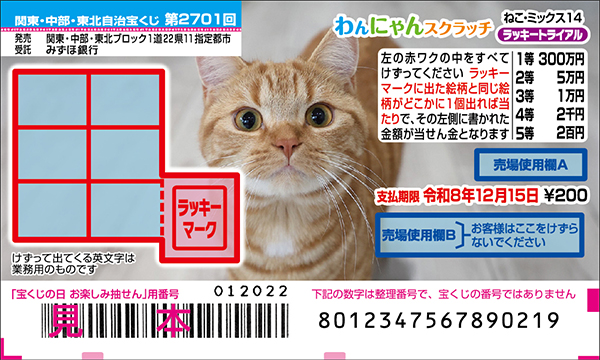「わんにゃんスクラッチ ねこ・ミックス14 ラッキートライアル」(第2701回 関東・中部・東北自治宝くじ)