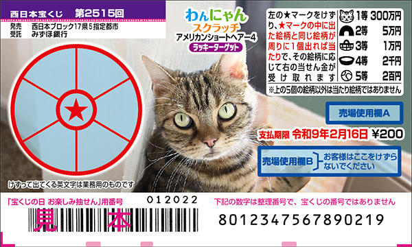 「わんにゃんスクラッチ アメリカンショートヘアー4 ラッキーターゲット」（第2515回 西日本宝くじ）
