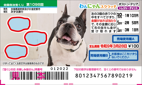 「わんにゃんスクラッチ ボストン・テリア トレジャーチャンス」（第1098回 全国自治宝くじ）