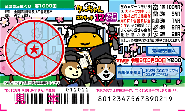 「クーちゃんスクラッチ12 ラッキーターゲット」（1099回 全国自治宝くじ）