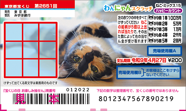 「わんにゃんスクラッチ ねこ・ミックス15 ハッピーカウント」（第2651回 東京都宝くじ）