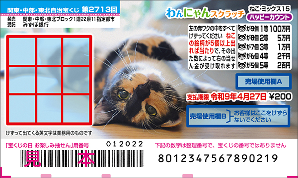 「わんにゃんスクラッチ ねこ・ミックス15 ハッピーカウント」（第2713回 関東・中部・東北自治宝くじ）