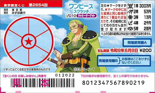 「ワンピーススクラッチ ゾロ10 ラッキーターゲット」（第2654回 東京都宝くじ）
