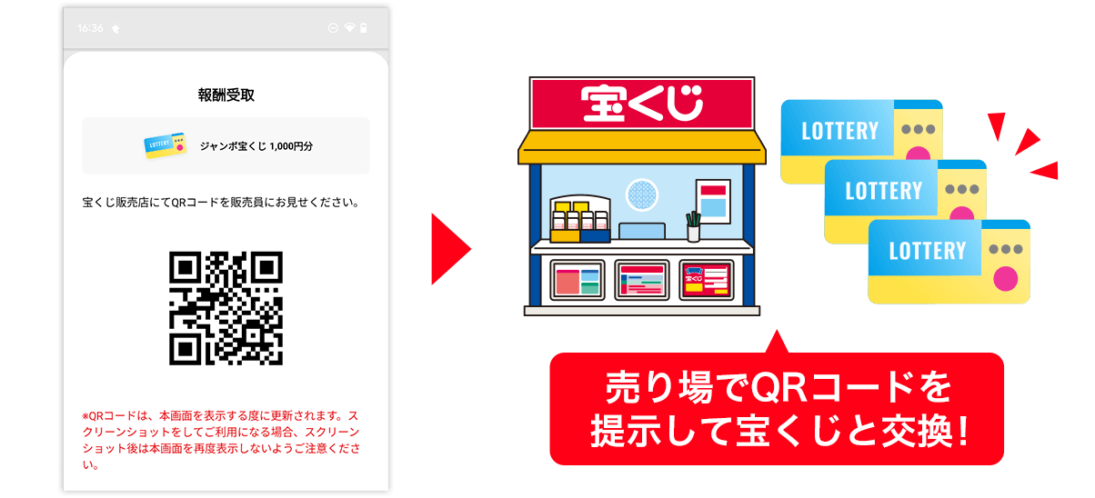 売り場でQRコードを提示して宝くじと交換！