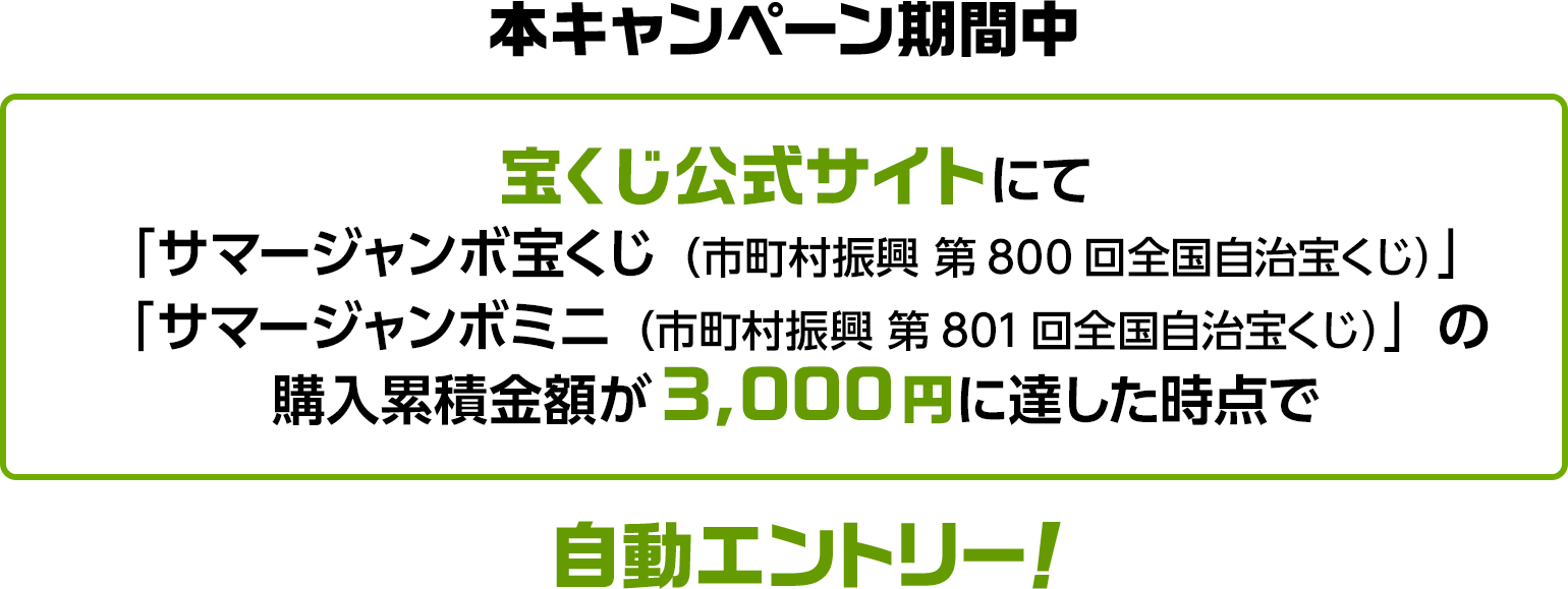 宝くじ公式サイトにて「サマージャンボ宝くじ(市町村振興 第800回全国自治宝くじ)」「サマージャンボミニ(市町村振興 第801回全国自治宝くじ)」の購入累積金額が3,000円に達した時点で自動エントリー!