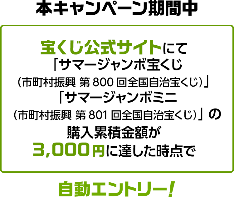 宝くじ公式サイトにて「サマージャンボ宝くじ(市町村振興 第800回全国自治宝くじ)」「サマージャンボミニ(市町村振興 第801回全国自治宝くじ)」の購入累積金額が3,000円に達した時点で自動エントリー!