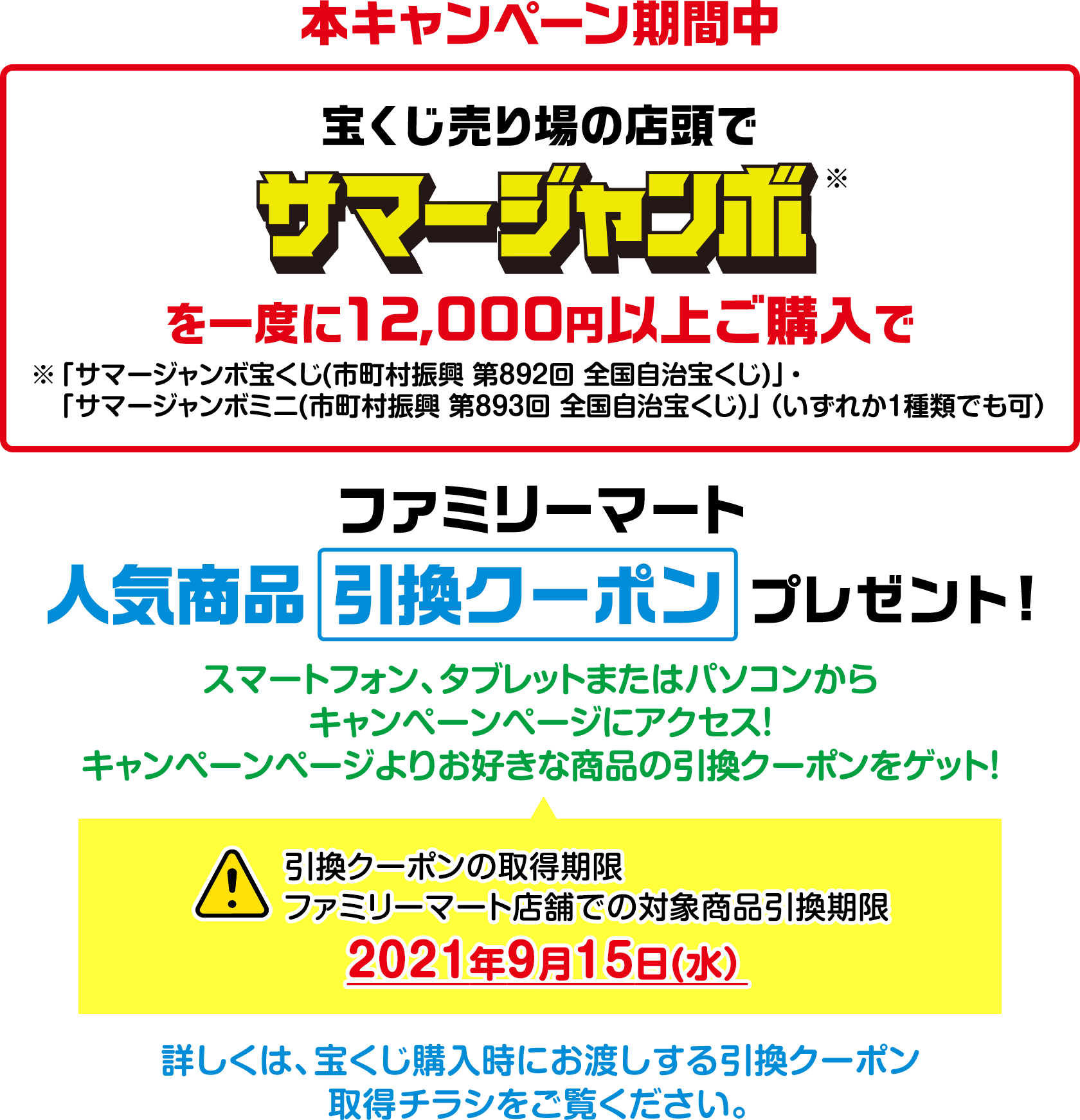 本キャンペーン期間中 宝くじ売り場の店頭でサマージャンボ※を一度に12,000円以上ご購入で ※「サマージャンボ宝くじ (市町村振興 第892回 全国自治宝くじ)」・「サマージャンボミニ (市町村振興 第893回 全国自治宝くじ)」(いずれか1種類でも可) ファミリーマート人気商品 引換クーポンプレゼント! スマートフォン、タブレットまたはパソコンからキャンペーンページにアクセス! キャンペーンページよりお好きな商品の引換クーポンをゲット! 引換クーポンの取得期限 ファミリーマート店舗での対象商品引換期限 2021年9月15日(水) 詳しくは、宝くじ購入時にお渡しする引換クーポン取得チラシをご覧ください。
