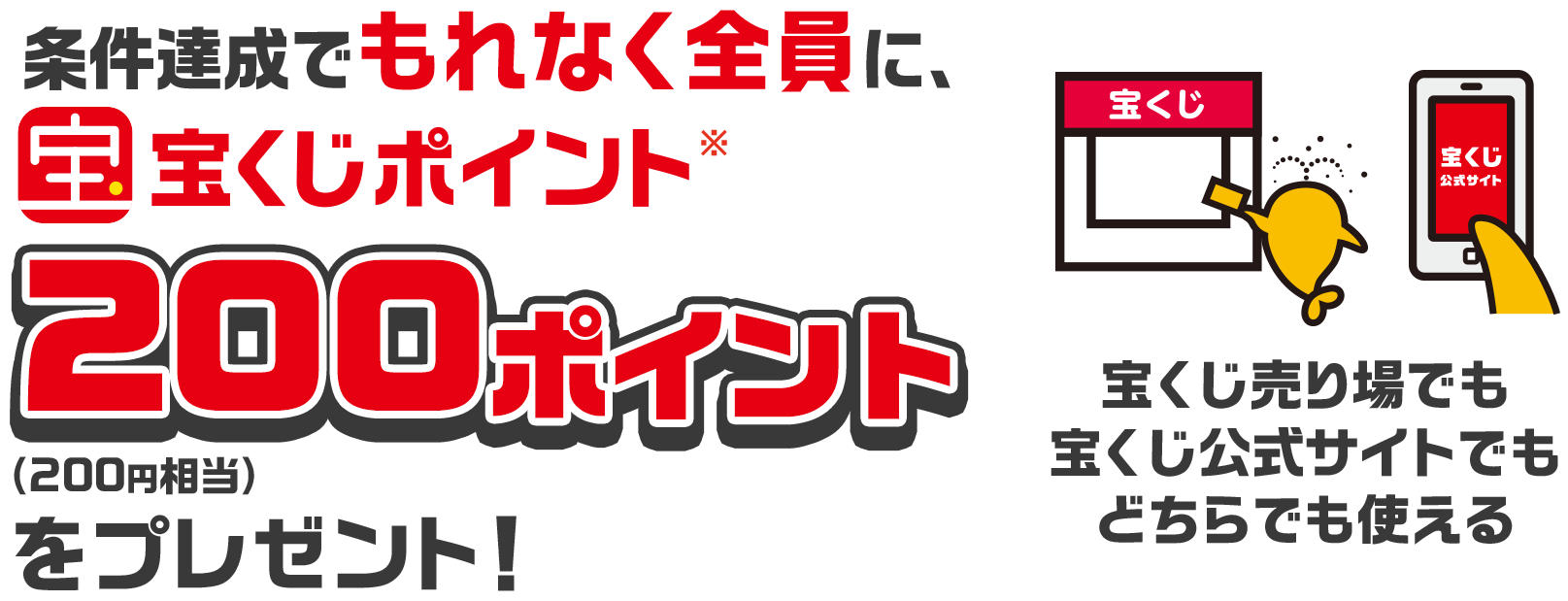 条件達成でもれなく全員に、宝くじポイント※200ポイント(200円相当)をプレゼント! 宝くじ売り場でも宝くじ公式サイトでもどちらでも使える