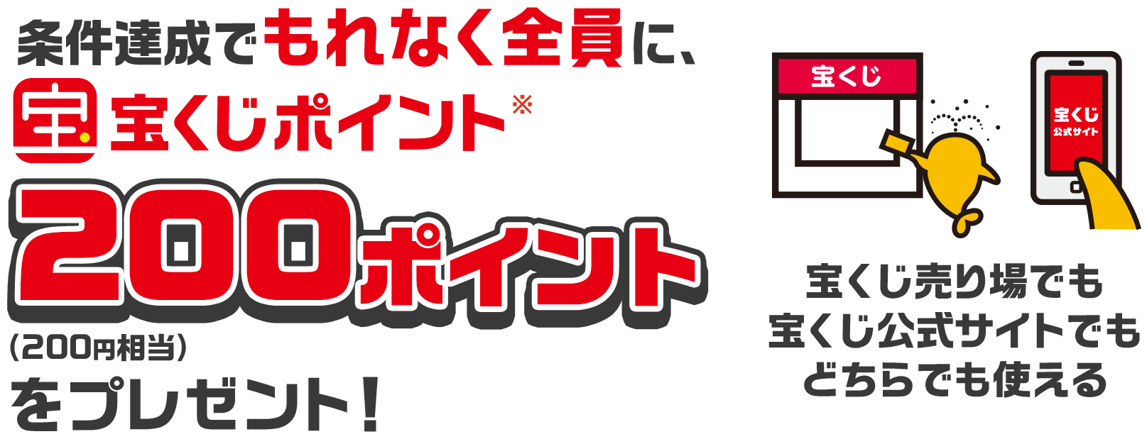 条件達成でもれなく全員に、宝くじポイント※200ポイント(200円相当)をプレゼント! 宝くじ売り場でも宝くじ公式サイトでもどちらでも使える