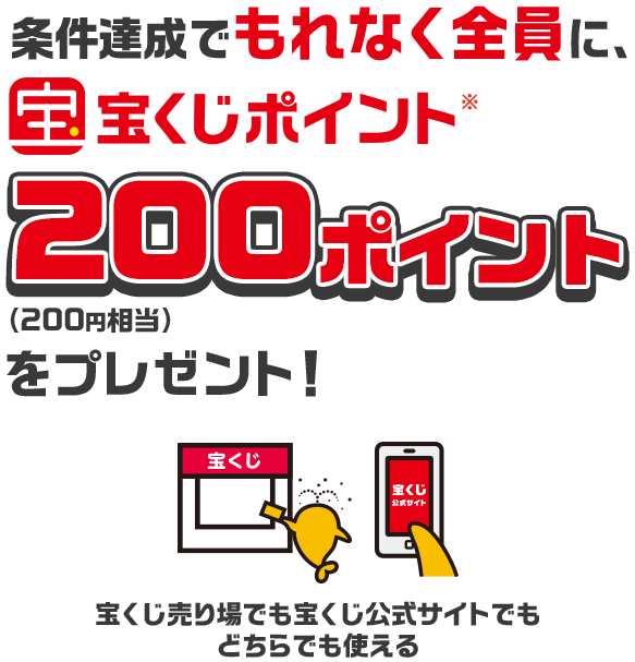 条件達成でもれなく全員に、宝くじポイント※200ポイント(200円相当)をプレゼント! 宝くじ売り場でも宝くじ公式サイトでもどちらでも使える