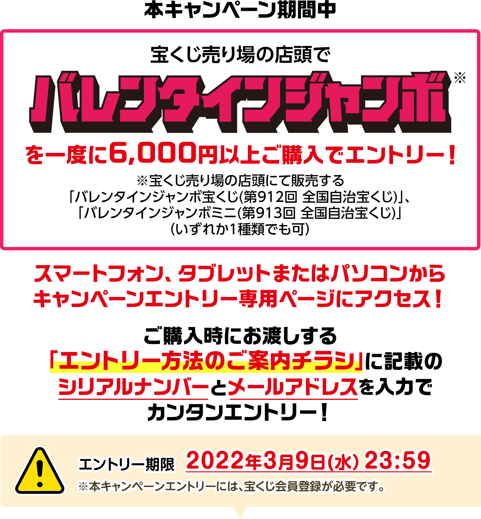 本キャンペーン期間中 宝くじ売り場の店頭でバレンタインジャンボ※を一度に6,000円以上ご購入でエントリー! ※宝くじ売り場の店頭にて販売する「バレンタインジャンボ宝くじ(第912回 全国自治宝くじ)」、「バレンタインジャンボミニ(第913回 全国自治宝くじ)」(いずれか1種類でも可) スマートフォン、タブレットまたはパソコンからキャンペーンエントリー専用ページにアクセス! ご購入時にお渡しする「エントリー方法のご案内チラシ」に記載のシリアルナンバーとメールアドレスを入力でカンタンエントリー! エントリー期限 2022年3月9日(水)23:59 ※本キャンペーンエントリーには、宝くじ会員登録が必要です。