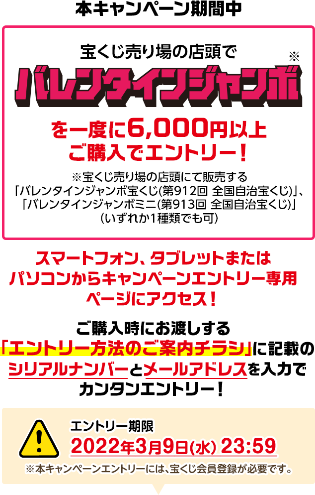 本キャンペーン期間中 宝くじ売り場の店頭でバレンタインジャンボ※を一度に6,000円以上ご購入でエントリー! ※宝くじ売り場の店頭にて販売する「バレンタインジャンボ宝くじ(第912回 全国自治宝くじ)」、「バレンタインジャンボミニ(第913回 全国自治宝くじ)」(いずれか1種類でも可) スマートフォン、タブレットまたはパソコンからキャンペーンエントリー専用ページにアクセス! ご購入時にお渡しする「エントリー方法のご案内チラシ」に記載のシリアルナンバーとメールアドレスを入力でカンタンエントリー! エントリー期限 2022年3月9日(水)23:59 ※本キャンペーンエントリーには、宝くじ会員登録が必要です。