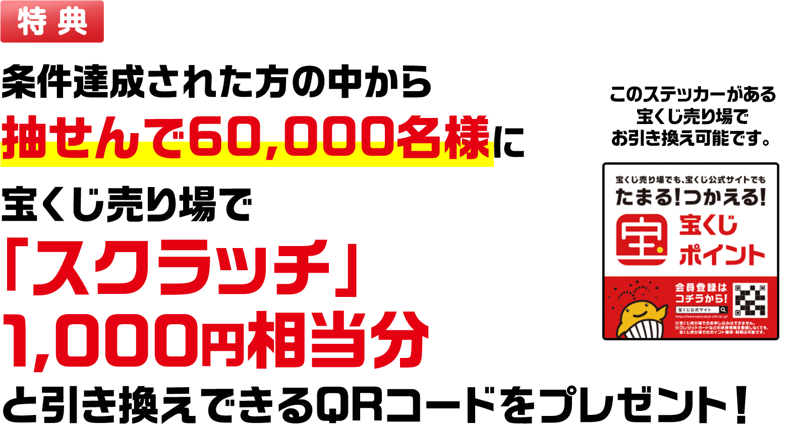 特典 条件達成された方の中から抽せんで60,000名様に宝くじ売り場で「スクラッチ」1,000円相当分と引き換えできるQRコードをプレゼント! このステッカーがある宝くじ売り場でお引き換え可能です。