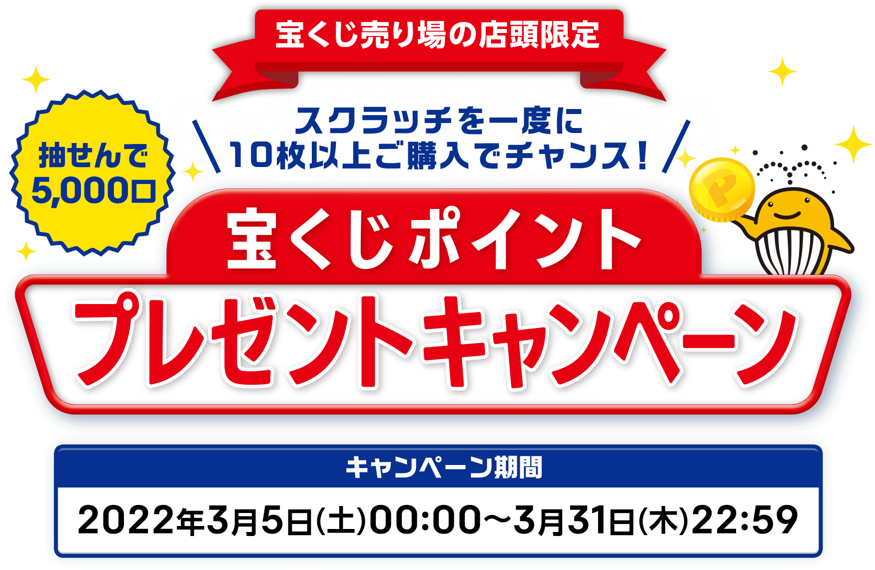 宝くじ売り場の店頭限定!! 抽せんで5,000口 スクラッチを一度に10枚以上ご購入でチャンス! 宝くじポイントプレゼントキャンペーン。キャンペーン期間 2022年3月5日(土)00:00〜3月31日(木)22:59