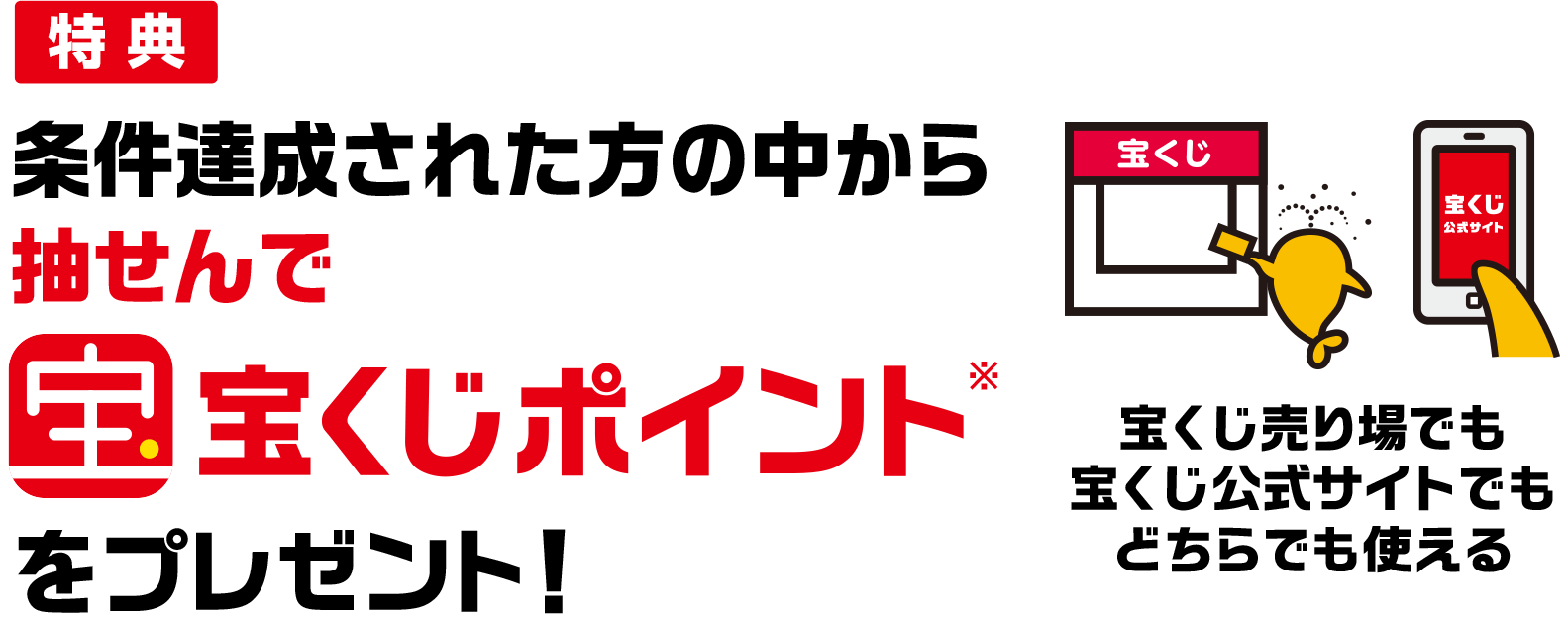 特典 条件達成された方の中から抽せんで宝くじポイント※をプレゼント! 宝くじ売り場でも宝くじ公式サイトでもどちらでも使える