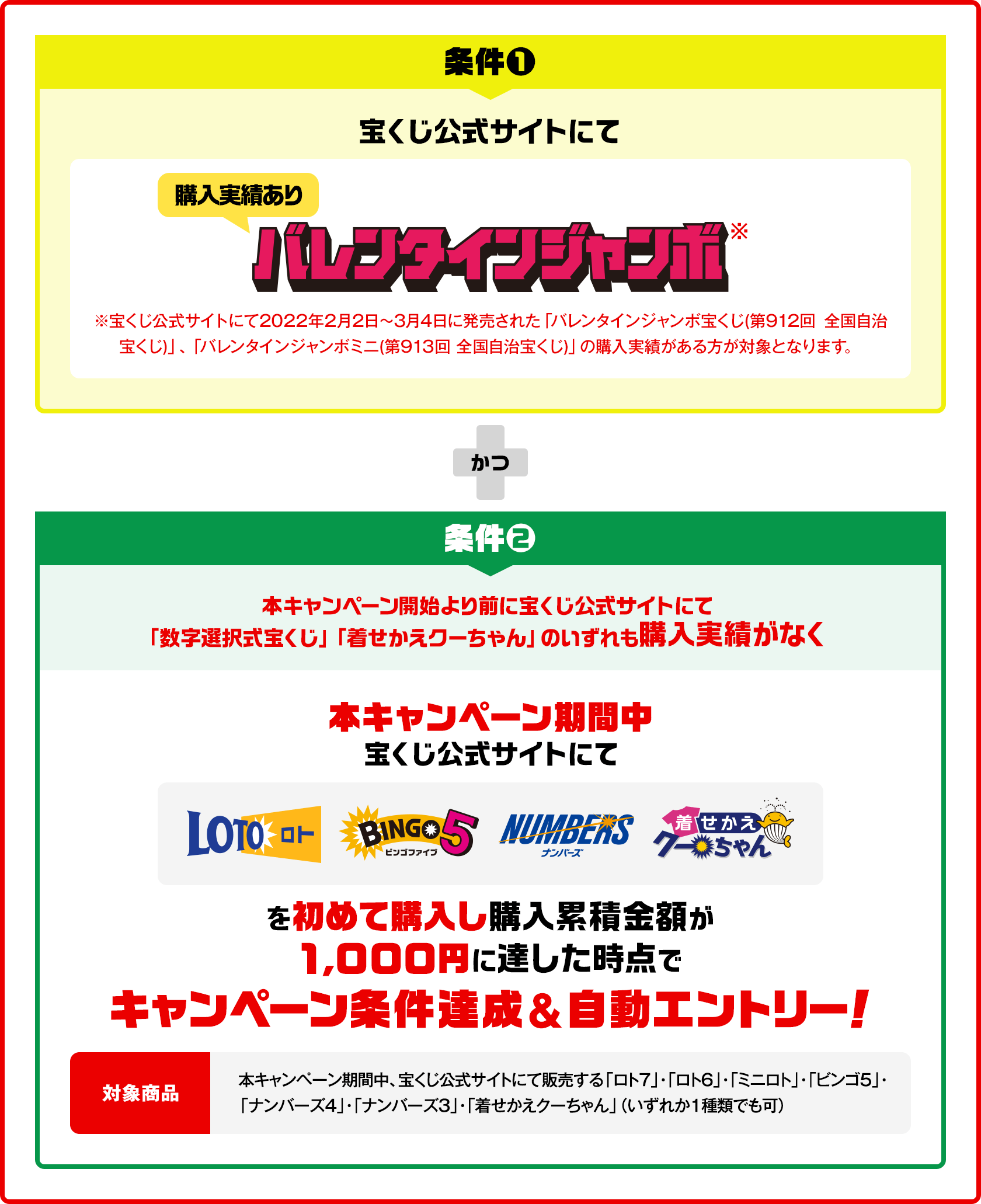 条件❶ 宝くじ公式サイトにて バレンタインジャンボ※（購入実績あり）※宝くじ公式サイトにて2022年2月2日～3月4日に発売された「バレンタインジャンボ宝くじ(第912回 全国自治宝くじ)」、「バレンタインジャンボミニ(第913回 全国自治宝くじ)」の購入実績がある方が対象となります。かつ 条件❷ 本キャンペーン開始より前に宝くじ公式サイトにて「数字選択式宝くじ」「着せかえクーちゃん」のいずれも購入実績がなく 本キャンペーン期間中宝くじ公式サイトにて LOTO BINGO5 NUMBERS 着せかえクーちゃん を初めて購入し購入累積金額が1,000円に達した時点でキャンペーン条件達成&自動エントリー！ 対象商品：本キャンペーン期間中、宝くじ公式サイトにて販売する「ロト7」・「ロト6」・「ミニロト」・「ビンゴ5」・「ナンバーズ4」・「ナンバーズ3」・「着せかえクーちゃん」（いずれか1種類でも可）