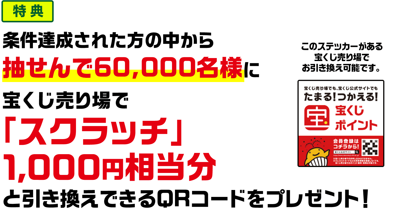 特典 条件達成された方の中から抽せんで60,000名様に宝くじ売り場で「スクラッチ」1,000円相当分と引き換えできるQRコードをプレゼント! このステッカーがある宝くじ売り場でお引き換え可能です。