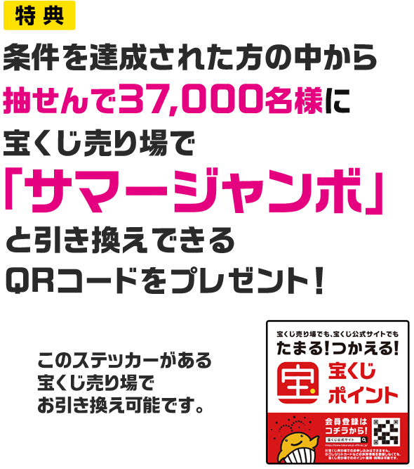 特典 条件を達成された方の中から抽せんで37,000名様に宝くじ売り場で「サマージャンボ」と引き換えできるQRコードをプレゼント! このステッカーがある宝くじ売り場でお引き換え可能です。