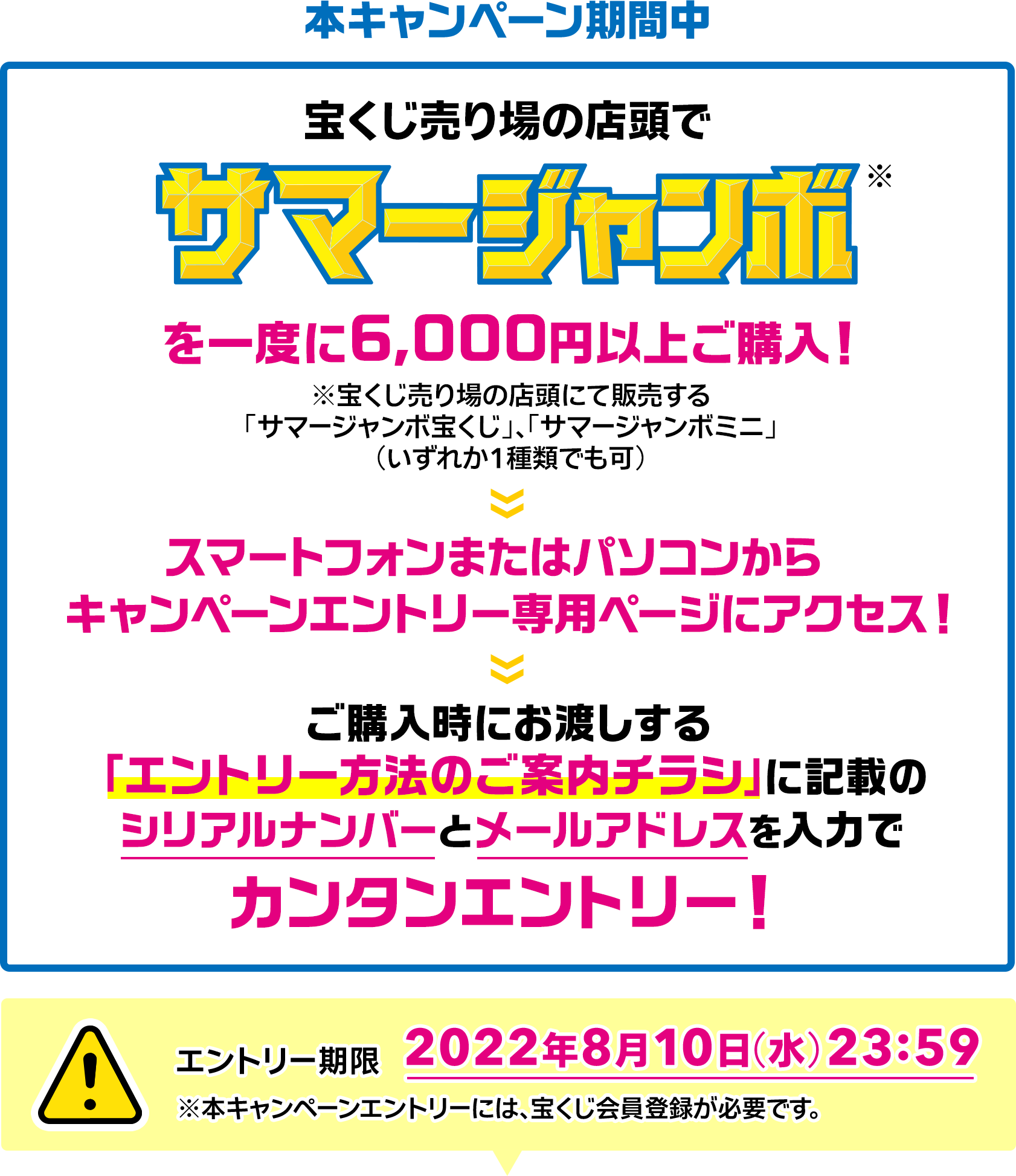 本キャンペーン期間中 宝くじ売り場の店頭でサマージャンボ※を一度に6,000円以上ご購入! ※宝くじ売り場の店頭にて販売する「サマージャンボ宝くじ」、「サマージャンボミニ」(いずれか1種類でも可) スマートフォンまたはパソコンからキャンペーンエントリー専用ページにアクセス! ご購入時にお渡しする「エントリー方法のご案内チラシ」に記載のシリアルナンバーとメールアドレスを入力でカンタンエントリー! エントリー期限 2022年8月10日(水)23:59 ※本キャンペーンエントリーには、宝くじ会員登録が必要です。