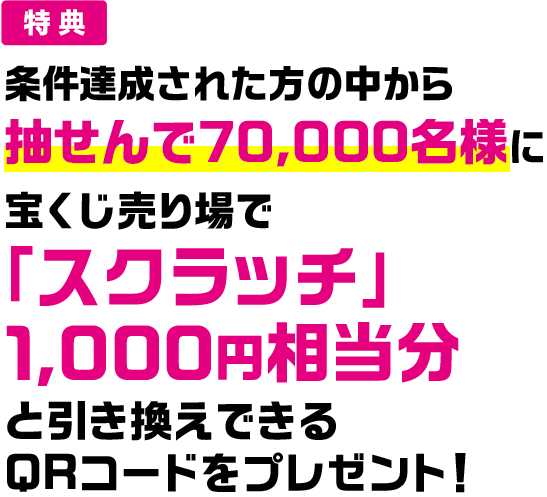 特典 条件達成された方の中から抽せんで70,000名様に宝くじ売り場で「スクラッチ」1,000円相当分と引き換えできるQRコードをプレゼント!