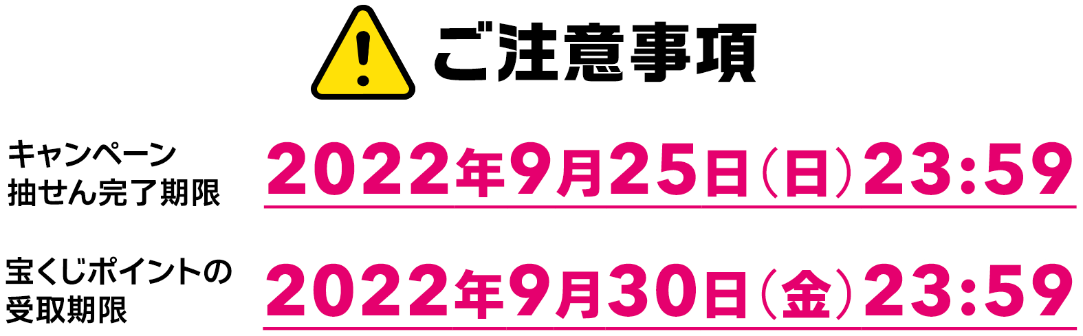 ご注意事項 キャンペーン抽せん完了期限 2022年9月25日(日) 23:59 宝くじポイントの受取期限 2022年9月30日(金) 23:59