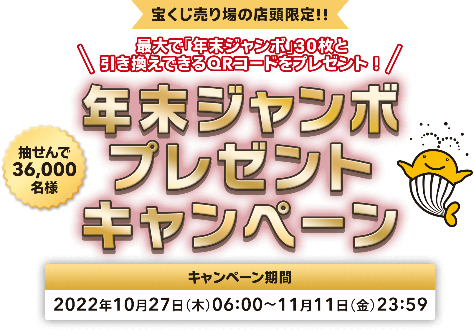 宝くじ売り場の店頭限定!! 最大で「年末ジャンボ」30枚と引き換えできるQRコードをプレゼント! 抽せんで36,000名様 年末ジャンボプレゼントキャンペーン キャンペーン期間 2022年10月27日(木)06:00〜11月11日(金)23:59