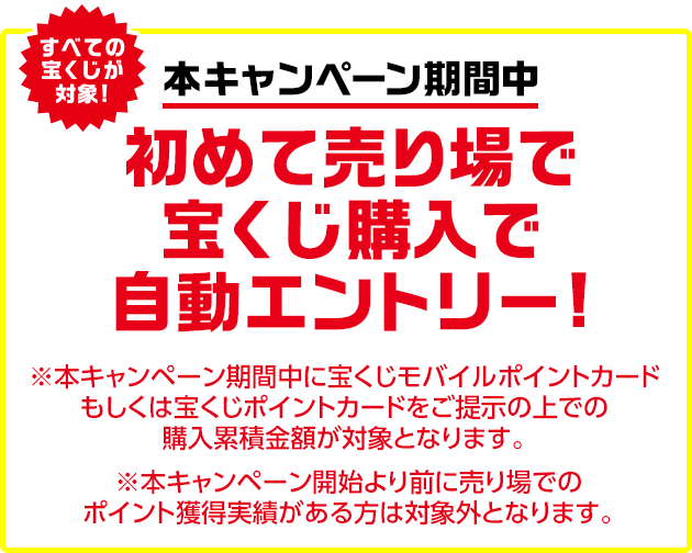 すべての宝くじが対象! 本キャンペーン期間中 初めて売り場で宝くじ購入で自動エントリー! ※本キャンペーン期間中に宝くじモバイルポイントカードもしくは宝くじポイントカードをご提示の上での購入累積金額が対象となります。 ※本キャンペーン開始より前に売り場でのポイント獲得実績がある方は対象外となります。